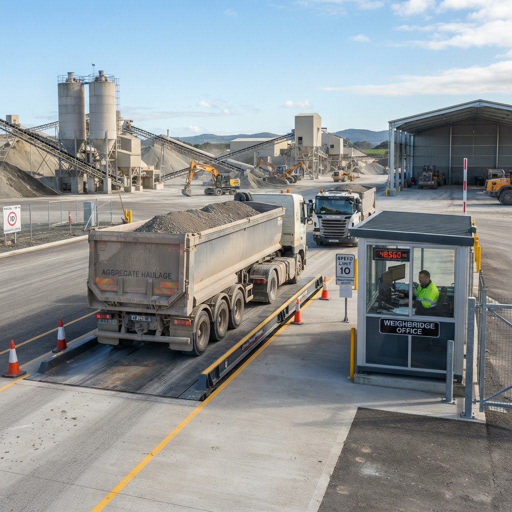 Pont bascule industriel avec un camion sur la plateforme de pesage